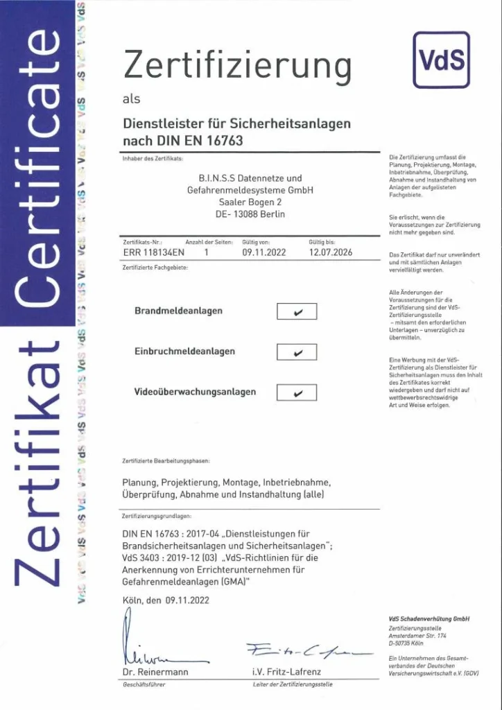 VdS Zertifizierung Dienstleister Sicherheitsanlagen_bis_2026